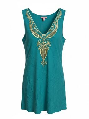 Lilly Pulitzer Teal Sleeveless Tunic Dress with Gold Embroidery